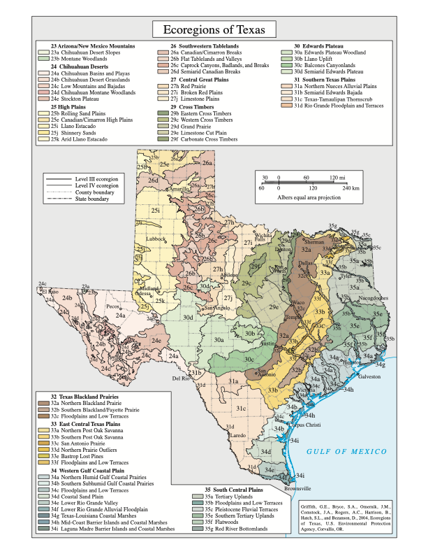 EPA map of Level III and Level IV ecoregions across Texas, with color-coded ecological regions and a detailed legend.