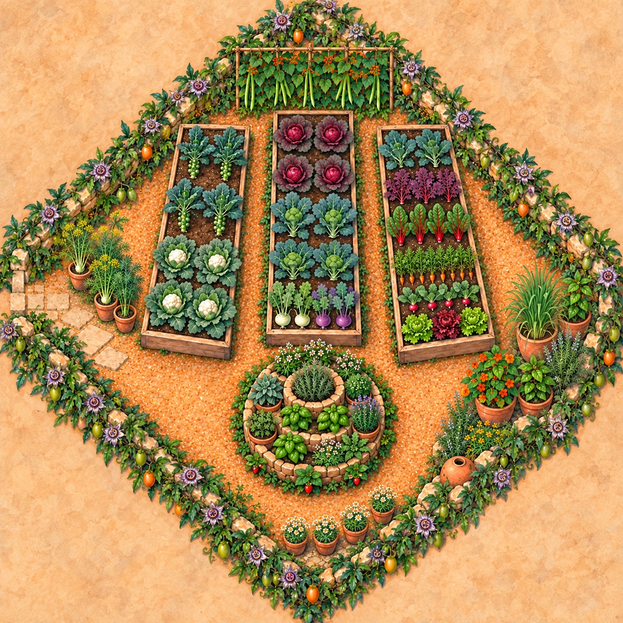 Unified overhead watercolor painting of the corrected diamond-oriented South Texas fall garden, with the west entrance open, passionflower-vine perimeter, carrot strip, and four chamomile pots along the southern path.