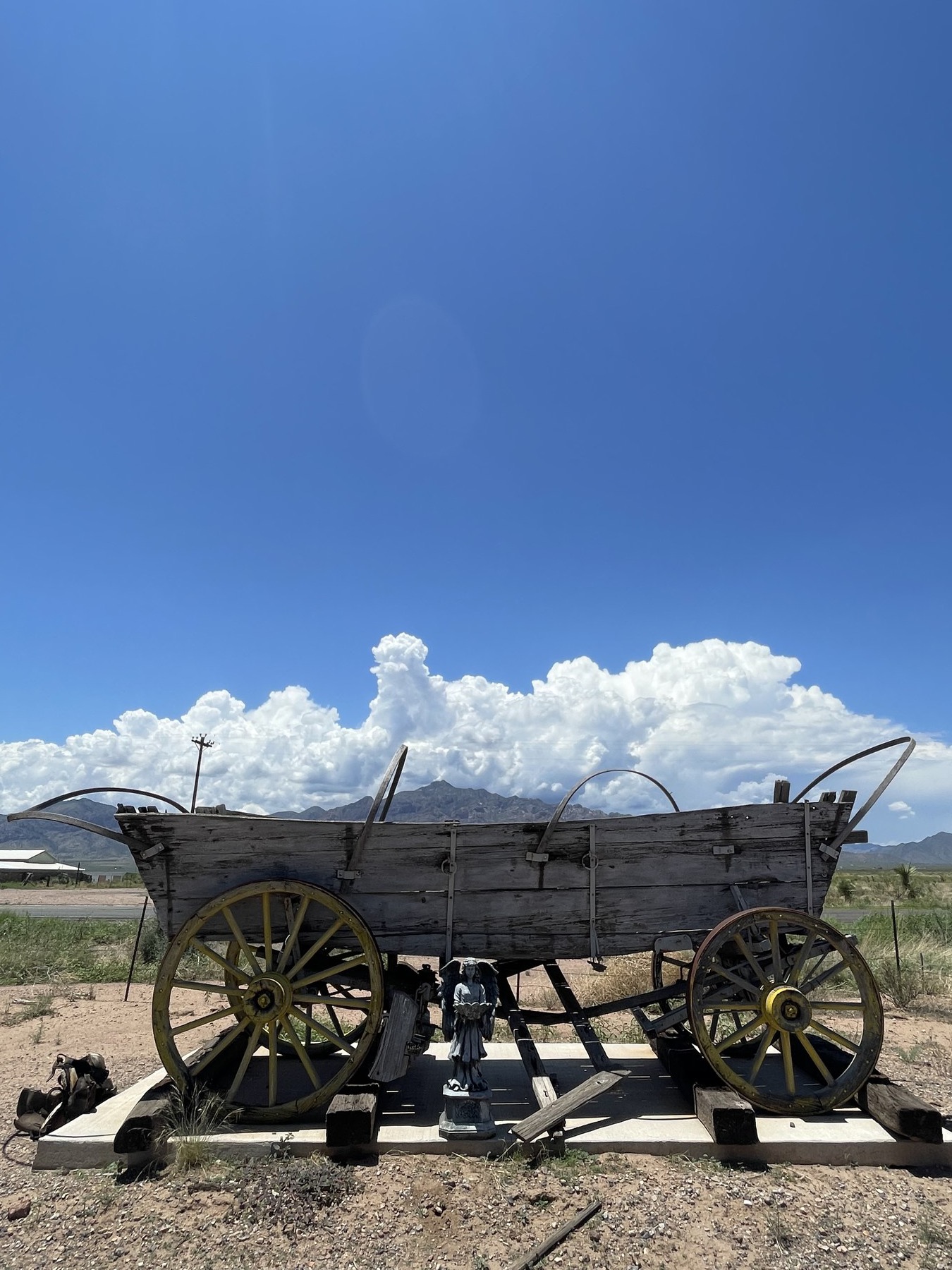 Serafina near an old wagon under a bright sky.