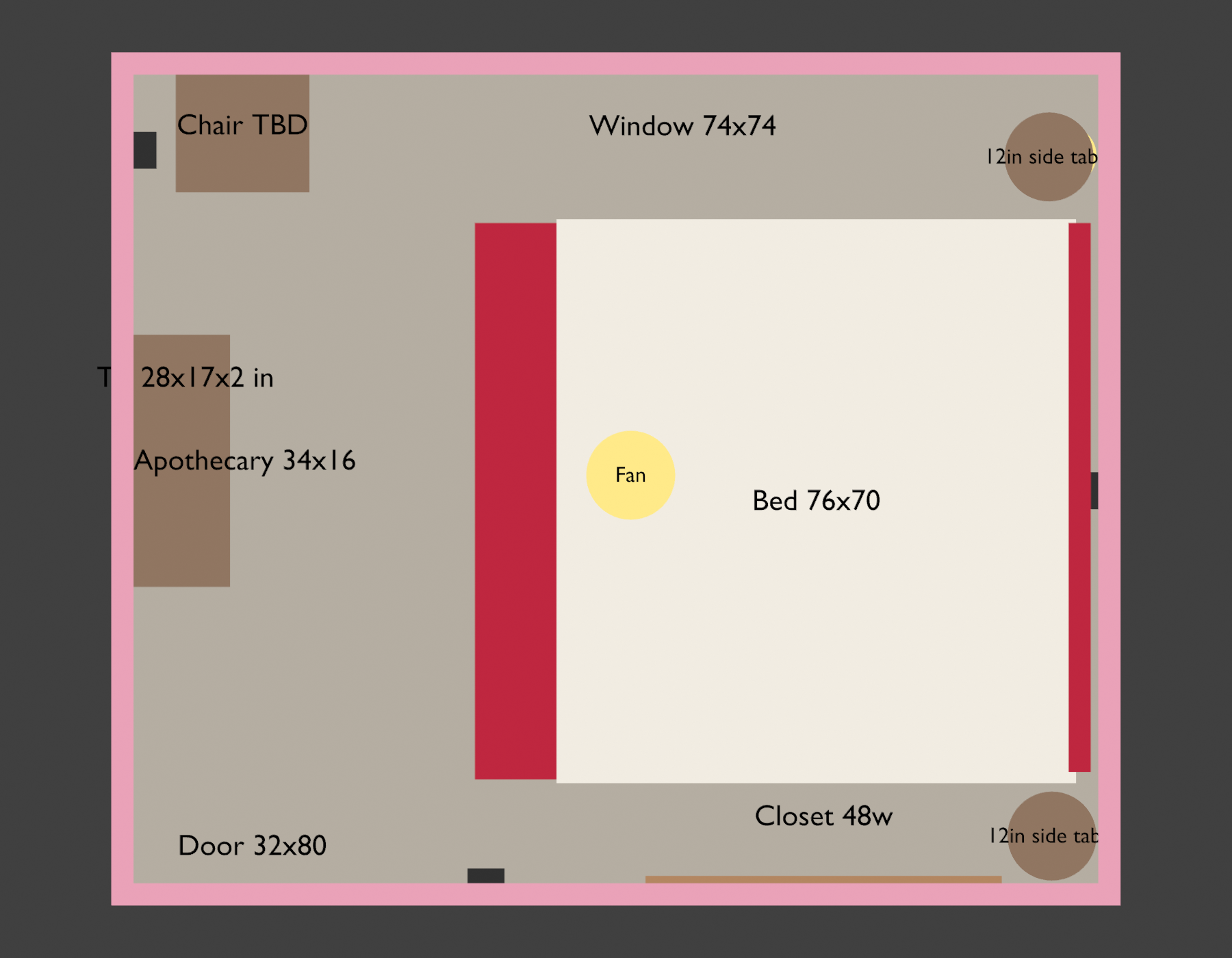 Top-down Blender placement preview for the Las Jaras Red Room showing the bed, window, closet, door, TV, apothecary drawers, side tables, chair, fan, and light markers.